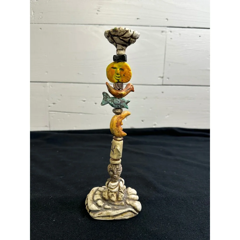 Ceramic Totem Candlestick Holder Sun Moon Bird Fish Folk Art Pottery 10in